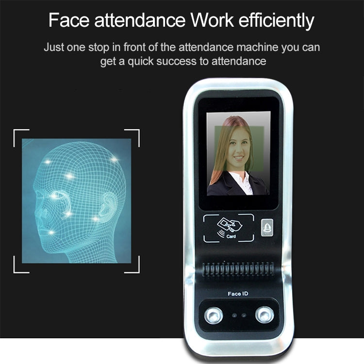 Front view face attendance machine with touchscreen showing Face ID user photo