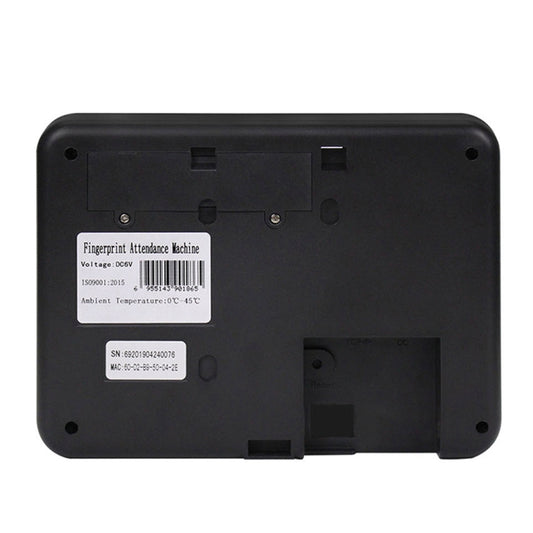 Back view of gray fingerprint time attendance machine with label and ports