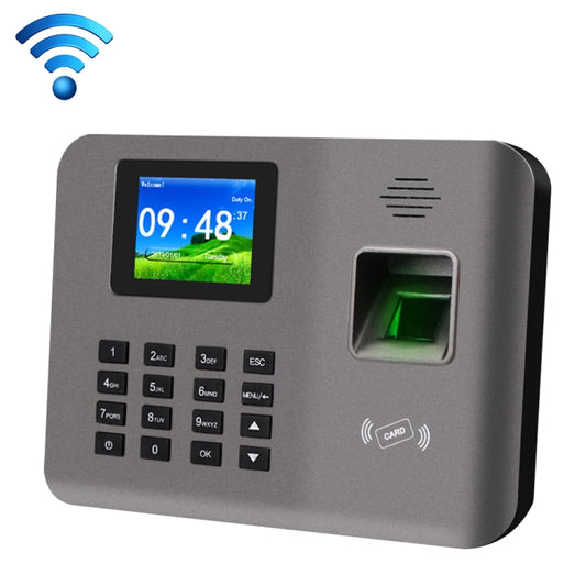 Gray fingerprint time attendance terminal with color LCD, keypad, and green fingerprint scanner