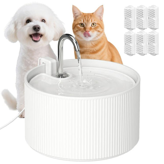White ceramic pet water fountain with chrome faucet, round ribbed base