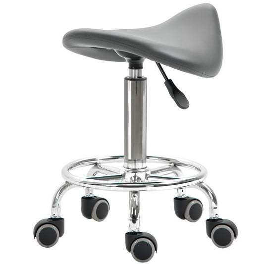 Gray PU saddle stool with height-adjust lever and five rolling casters