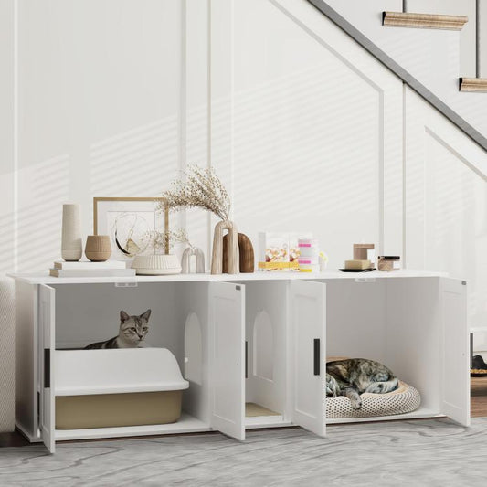 White double-room cat litter box enclosure with open front doors and cats inside