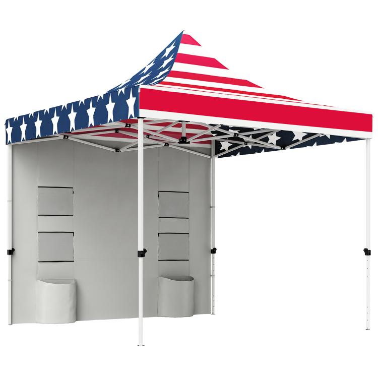 American flag pop-up canopy tent with grey sidewalls and pocketed panels