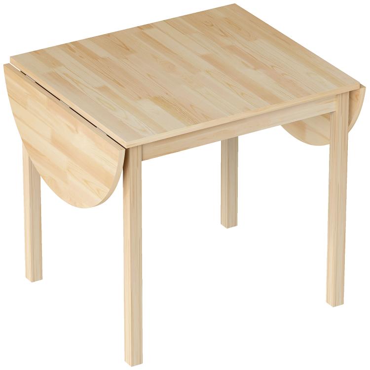 Natural wood drop-leaf kitchen table with folded side leaves and square legs