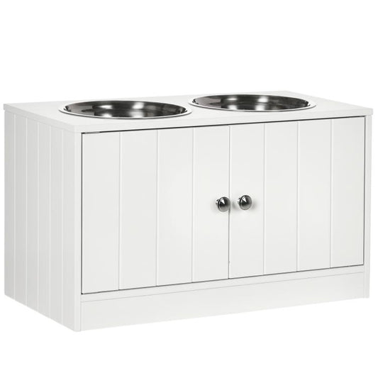 White raised dog feeding stand with two stainless steel bowls and cabinet doors