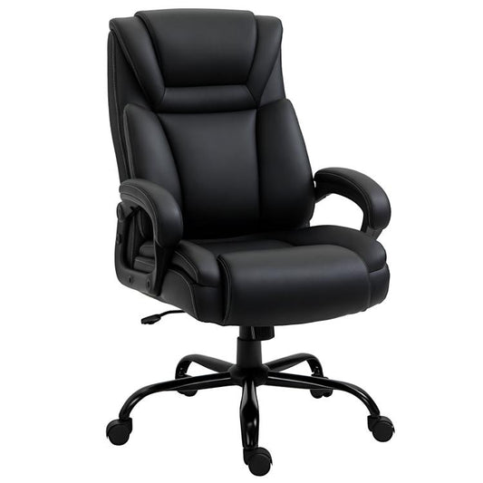 Black high-back executive office chair with padded arms, seat, and swivel base