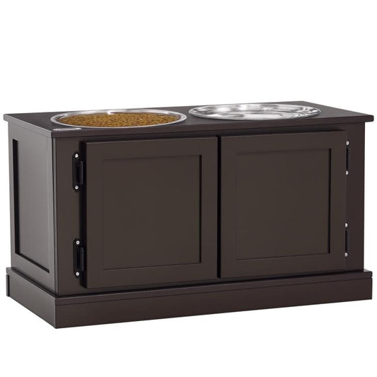 Elevated dog food feeder cabinet with two stainless steel bowls, dark brown finish