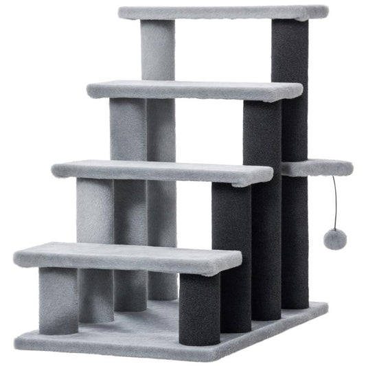 Gray and dark gray cat tree with three platforms and hanging ball