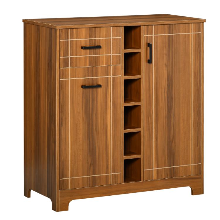Brown sideboard cabinet with two doors, vertical bottle rack, and drawer