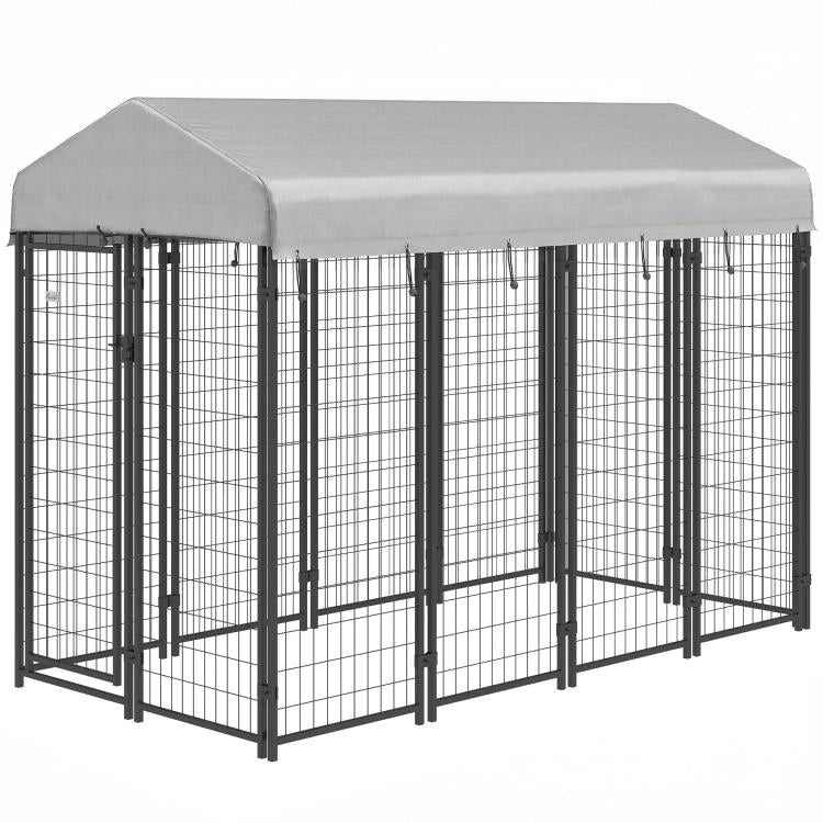 Outdoor dog kennel with gray roof cover, welded wire enclosure panels