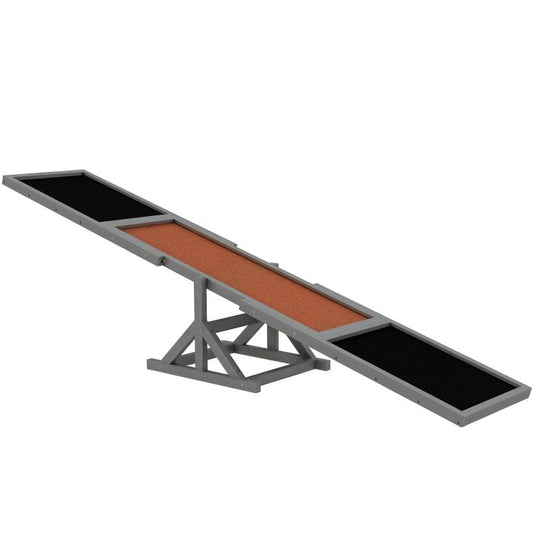Gray dog agility seesaw with orange center deck and black non-slip contact pads