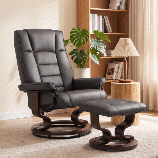 Swivel reclining lounge chair and ottoman in dark gray faux leather style upholstery