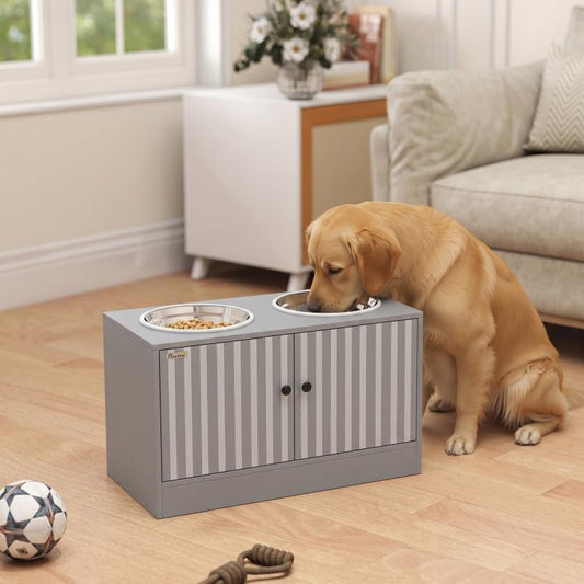 Golden dog eating from raised stainless steel bowls on a gray storage cabinet