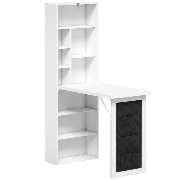 White foldable writing desk with open shelving and drop-down work surface