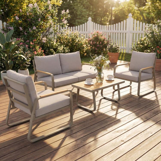 Outdoor patio furniture set with loveseat, 2 armchairs, and coffee table with tabletop accessories