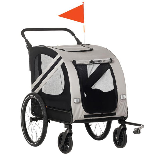 Gray and black 2-in-1 pet bike trailer with front stroller handle and side mesh windows