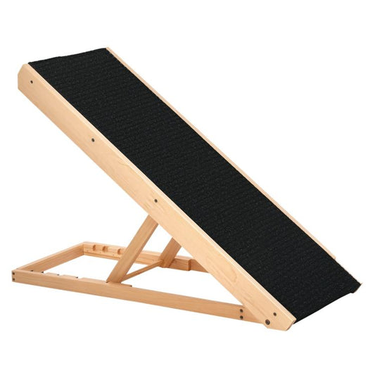 Foldable pet ramp with light pine frame and black non-slip carpet walking surface