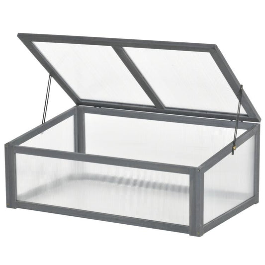 Mini cold frame greenhouse with gray frame, clear polycarbonate panels, hinged open lid