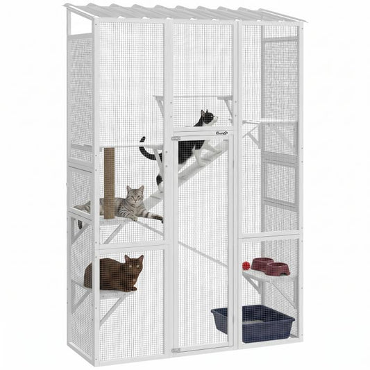 Outdoor Catio Cat Enclosure, Large Wooden Cat House with 6 Jumping Platforms, Scratching Post, 2 Ramps, for 2-3 Kittens