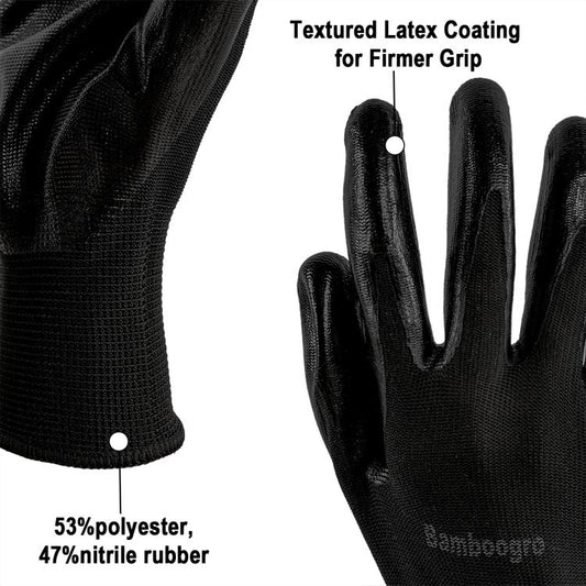 Black gloves with textured latex coating on palm for firmer grip