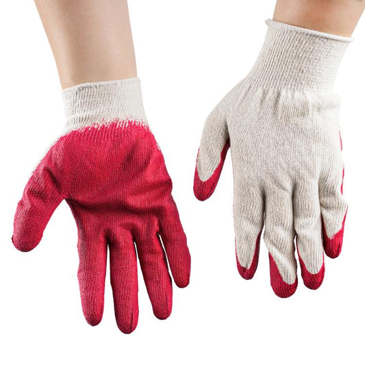Red latex-coated work gloves with light knit back and ribbed wrist cuff
