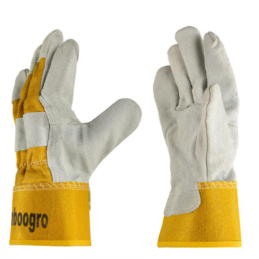 Gray and yellow leather work gloves with padded thumb and split-cuff design