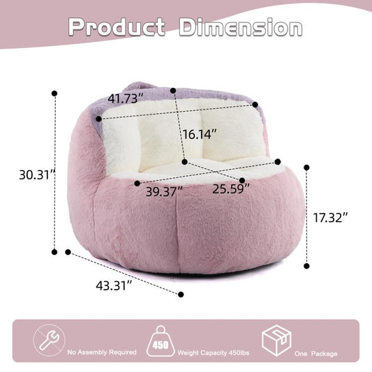 Pink and purple bean bag chair size diagram with white inner seating area.