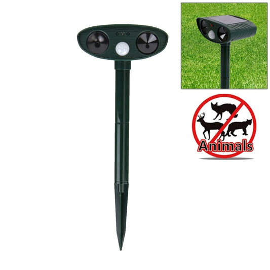 Green solar-powered ultrasonic animal repeller stake with PIR light sensor panel