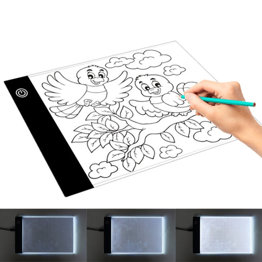 A4 LED acrylic USB tracing light pad with angel line-art, black power strip, pencil in use