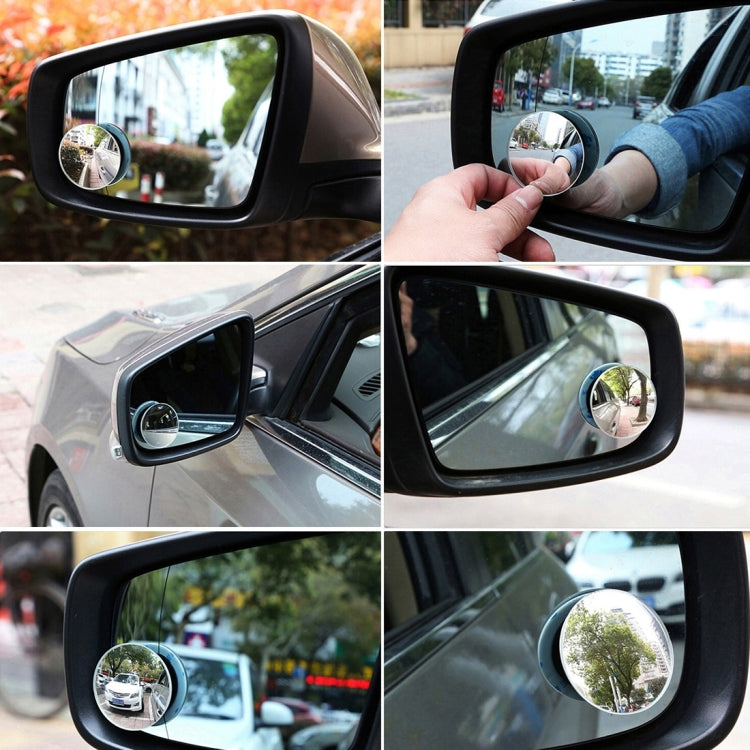 Blind spot wide angle mirrors mounted on car side mirror housings, round glass