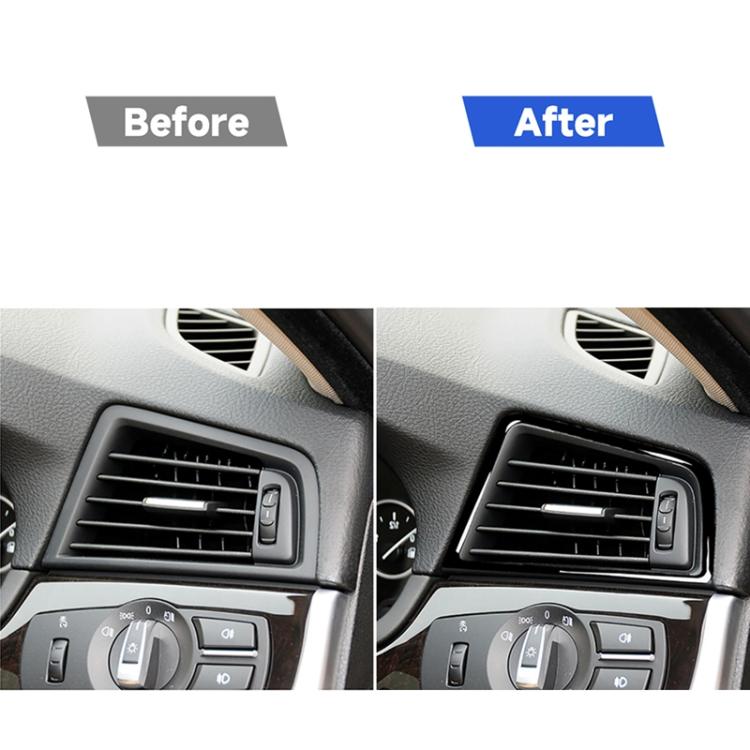 Car air outlet frame sticker shown before-and-after on dashboard vent, black trim