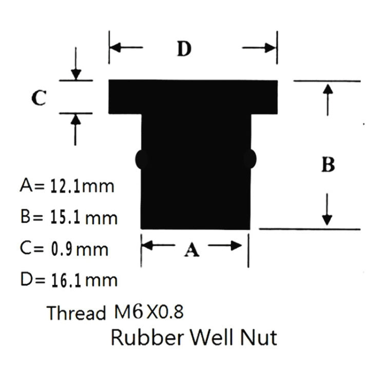 Well nut size diagram: M6x0.8 thread with rubber measurements A–D