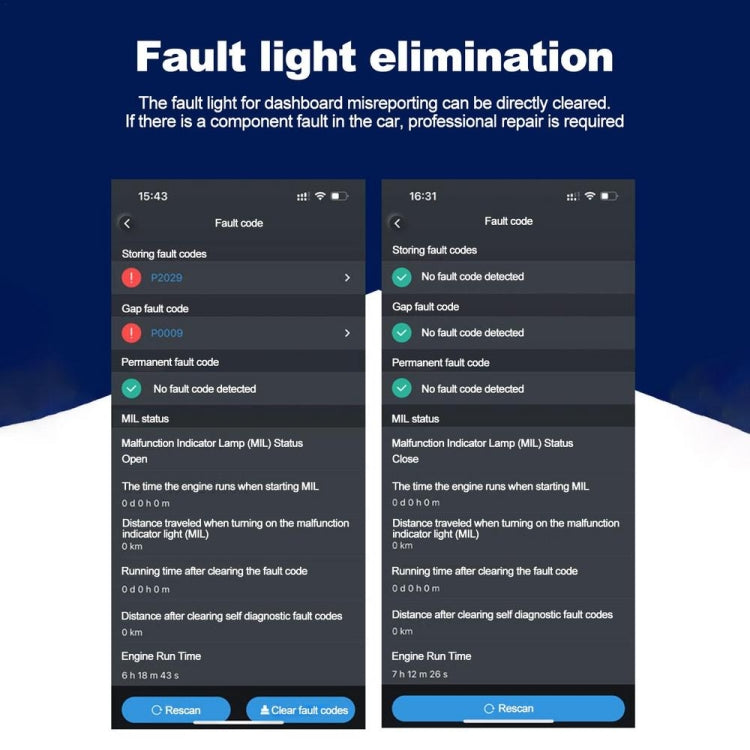 OBD2 app screens showing fault light elimination and diagnostic code details