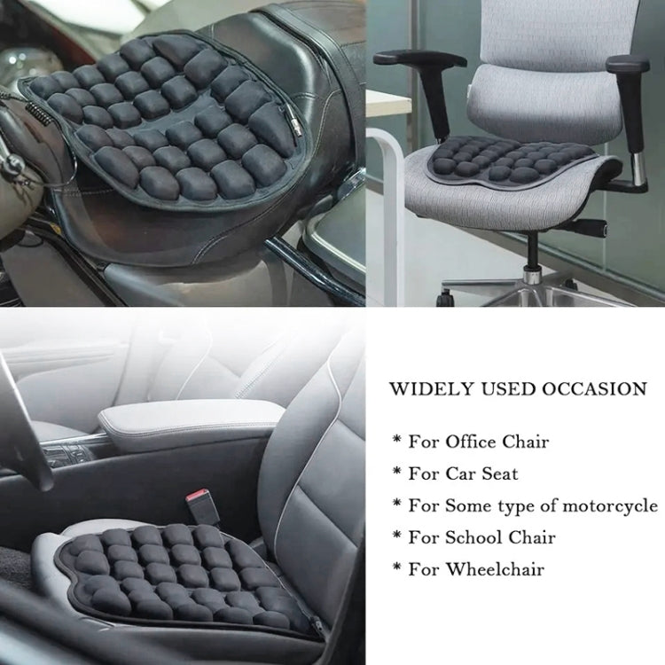 Black inflatable airbag seat cushion shown on office chair and car seat