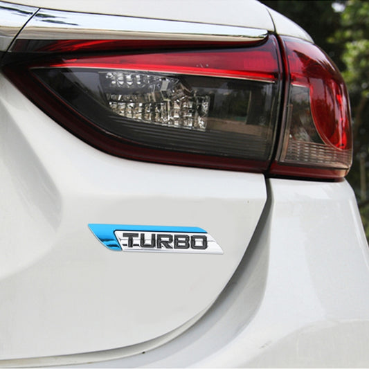Car turbo decorative aluminum alloy sticker, blue with chrome “TURBO” emblem