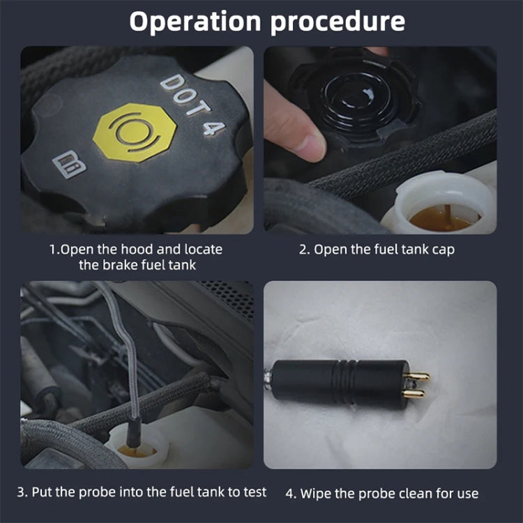 Operation steps graphic for inserting the probe into the brake fuel tank and wiping clean