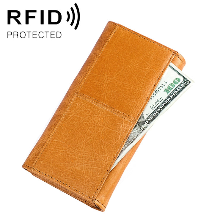 Mustard brown leather zip wallet with RFID protection and cash slot