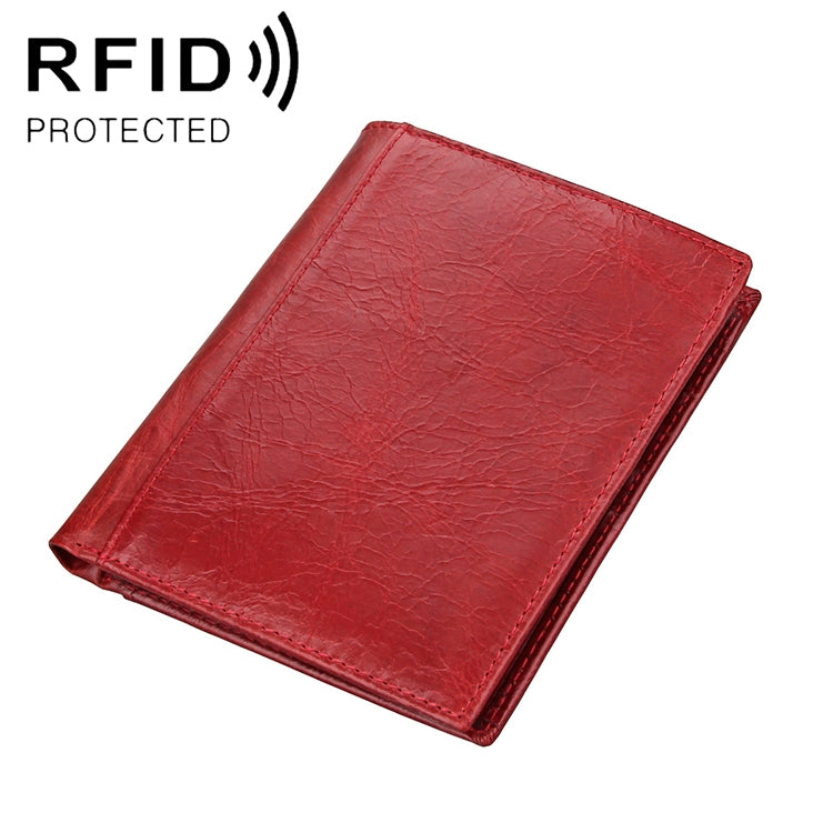 Red crazy horse leather passport wallet with RFID protection, multi-function fold design