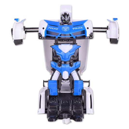 Blue and white police RC deforming robot car toy, front robot view