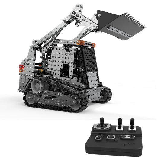 RC metal caterpillar forklift toy with black tracks and handheld remote controller