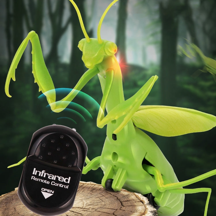 Green mantis toy with light accents and black infrared remote controller