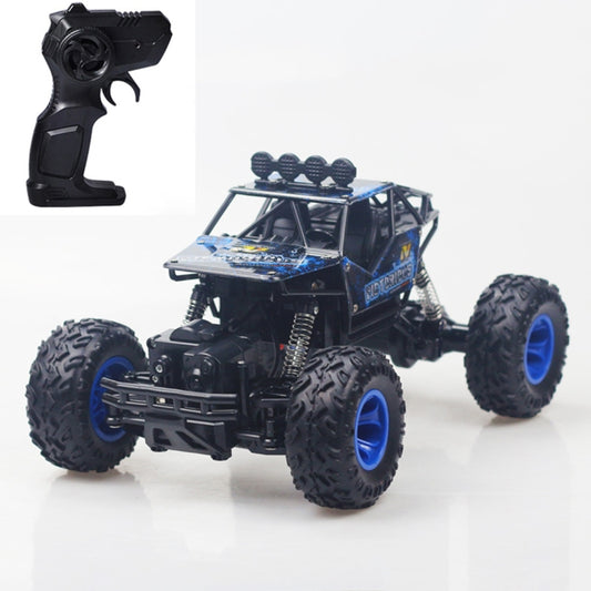 Blue RC off-road toy car with 4 rugged wheels and included black remote control