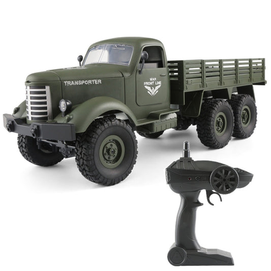 Army green RC military flatbed truck with grille front, 3-axle wheels, and remote controller