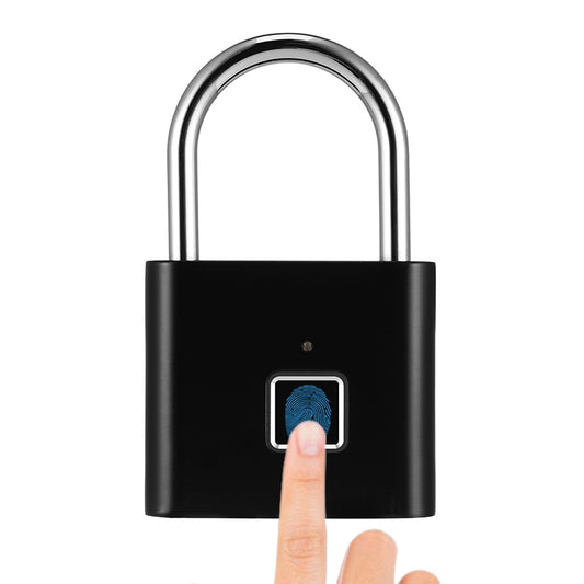 Black electronic fingerprint padlock with finger pressing the sensor panel