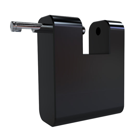 Black smart fingerprint padlock with chrome keyway and U-shaped shackle, front view