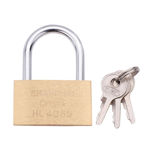 Small copper padlock with U-shaped metal shackle and two keys, brass-toned body