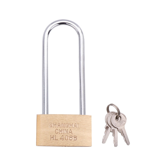 Small long-beam padlock with copper-colored body and two keys