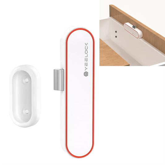 Smart drawer lock switch with white body and red edge, plus gray wall mount plate