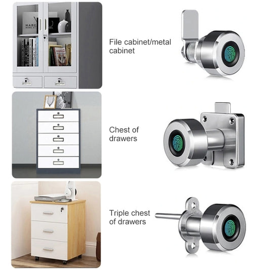Smart fingerprint lock shown with mounting hardware on cabinet and drawer fronts