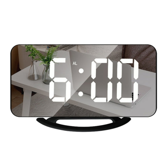 LED mirror clock with glowing 6:00 display and rounded stand, black frame